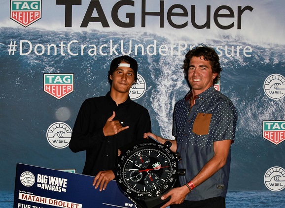 Big Wave icons Mahati Drollet (PYF) and Greg Long (USA) welcome Tag Heuer as the official timekeeper of the WSL Big Wave Tour.